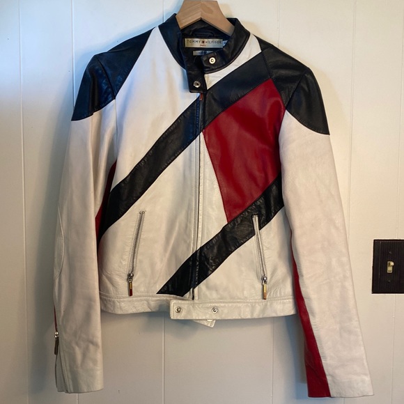 Tommy Hilfiger White, Black, and Red Leather Jacket - Picture 1 of 5